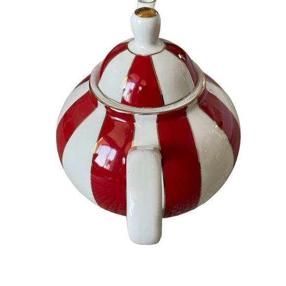 Grace Teaware Fine Porcelain Teapot Holiday Red White Gold Peppermint Stripe New - Picture 3 of 16